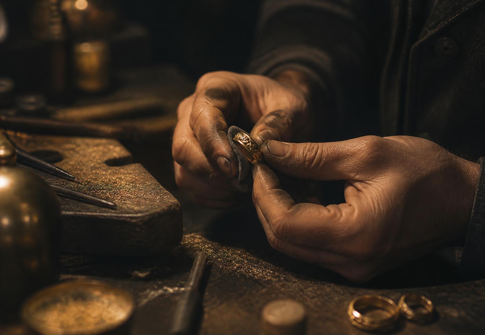 A goldsmith finishing a gold ring at the bench
