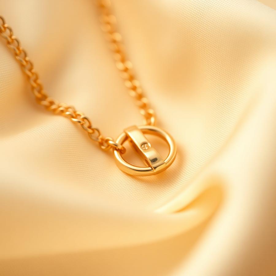 Detail of a gold necklace clasp on ivory silk