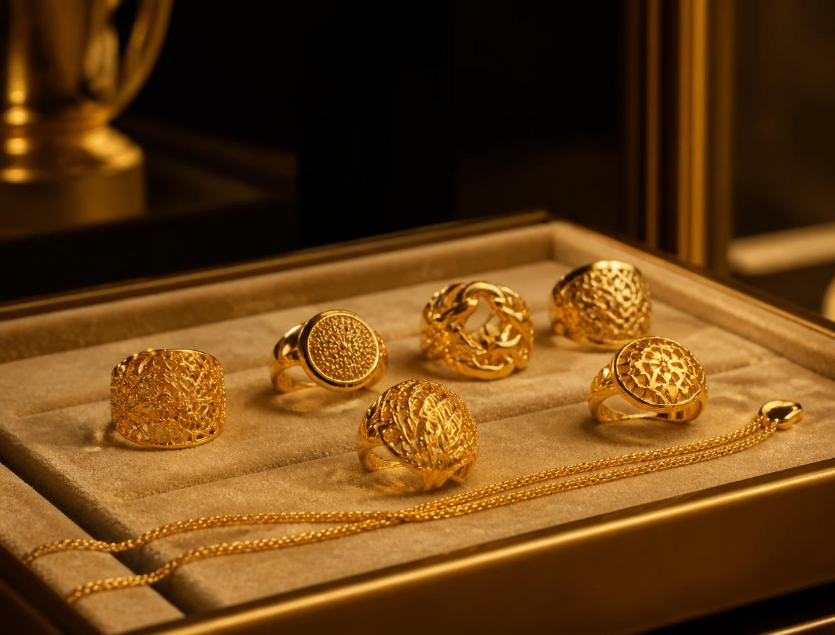 Gold rings and a fine chain displayed on a champagne velvet tray